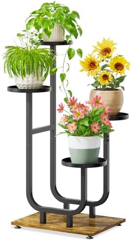 iDavosic.ly Plant Stand Indoor with Metal Trays, 4 Tier Shelf, Black Brown by iDavosicly