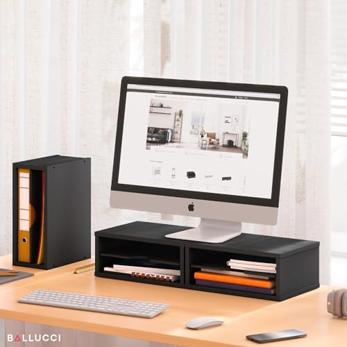 Ballucci File Organizer, 2-Tier Document Paper Sorter, Stackable Wood Desk Organizer Mail Holder, Monitor Stand with Storage Shelves, Black - Image 2