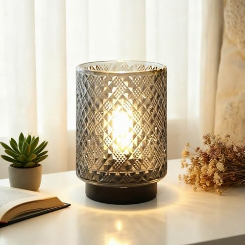 LUSHARBOR Battery Operated Lamp with Timer, Small Decorative Table Lamp Ambient, Glass Cordless Lamps Bedside Battery Powered Lamp for Bookshelf, Entryway Diamond Design-Grey by LUSHARBOR