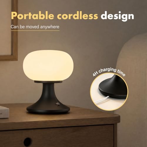 Cordless Mushroom Table Lamp - Stepless Dimming - 2700K Warm Light - Black - Image 2