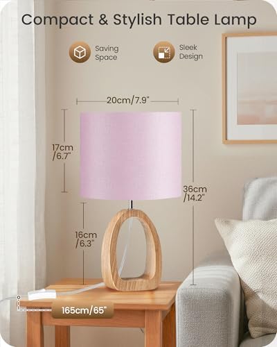 Pink Table Lamp, 14.2" Small Cute Desk Lamp, Wood Bedside Lamp with Pink Linen Lampshade & Natural Wood Base, Modern Nightstand Lamp for Girl's Room, Bedroom, E26 Base, MP07TL05 - Image 6
