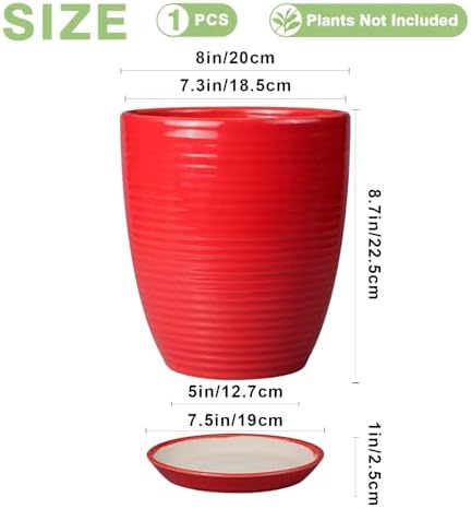 Ceramic Pot for Plants - 8 Inch Plant Pot for Indoor Plants Outdoor Round Planter Modern Flower Pot with Drainage Hole and Saucer Home Garden Office Porch Decor Red - Image 3