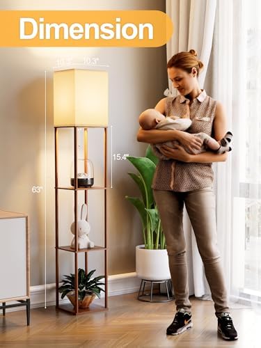 Floor Lamp with Shelves for Living Room Walnut Brown, Shelf Floor Lamp with 3 CCT LED Bulb, Corner Display Standing Column Lamp Etagere Organizer Tower Nightstand with White Linen Shade for Bedroom - Image 4