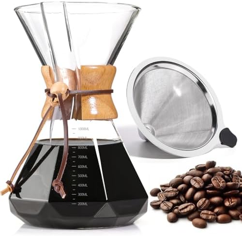 Pour Over Coffee Maker 34 OZ, 10 Cup Borosilicate Glass Drip Coffee Maker with Reusable Stainless Steel Filter and Cork Grip for Home Café 1000 ML (Diamond Shape) by Yopinmall