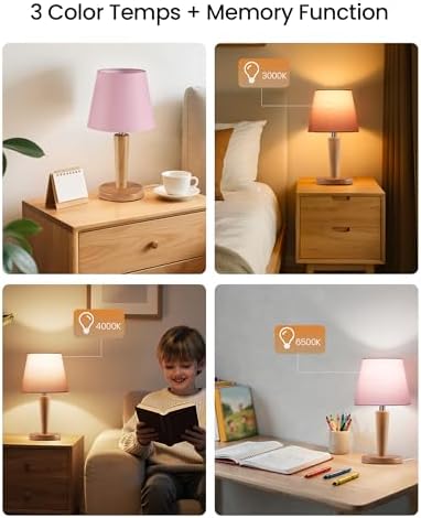 12" Wood Bedside Table Lamps Set of 2, Small Desk Lamps for Small Places, 3 Color Temperatures with Memory, Pink Linen Shade & E26 Bulbs, for Bedroom Living Room Office MP13TLP205 - Image 2