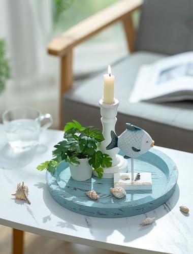 Hanobe Round Wood Candle Holder Tray, Ocean Blue Coastal Coffee Table Decor - Image 4