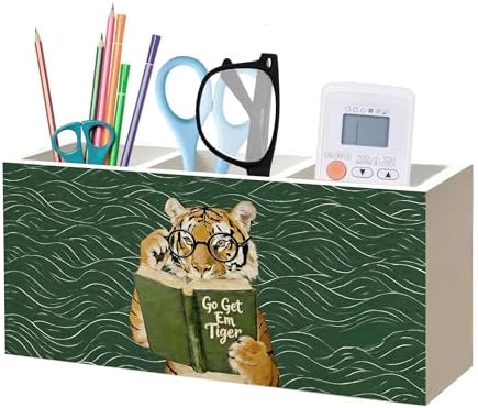 Funny Motivational Tiger Reading Pen Pencil Holder Organizer for Desk Accessories, Book Lover Reader Gifts, Eclectic Green Japandi Animal Bookish Wood Signs for Reading Nook Room Library Decor by Unknown