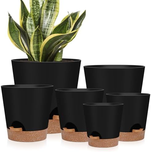 YNNICO Indoor Self Watering Planters with Drainage Holes and Saucers, 8, 7, 6.5, 6, 5.5, 5 Inches, Black, 6 Pots by AFamilyofGardenLovers