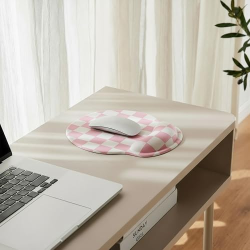 Ohocut Pink Checkered Mouse Pad with Gel Wrist Rest, Wrist Support, Ergonomic Desk Accessories for Girls Women, Office Laptop Gaming Decor, Cute Aesthetic Trendy Check Design - Image 3