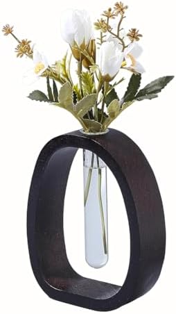 UNICRAFTALE Dark Brown Solid Wood Vase Small Desk Hydroponic Plant Frame Glass Test Tube Vases Decorative Single Flower Holder Office Home Decoration for Garden Terrarium by UNICRAFTALE