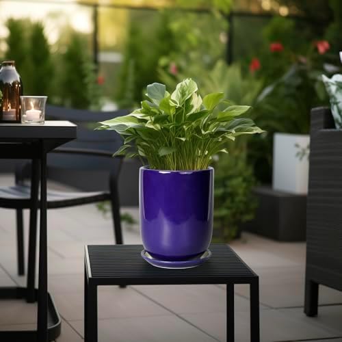 Ceramic Plant Pot - 8 Inch Planter for Indoor Plants Outdoor Flower Pot with Drainage Hole and Saucer Home Patio Office Decor Blue - Image 4