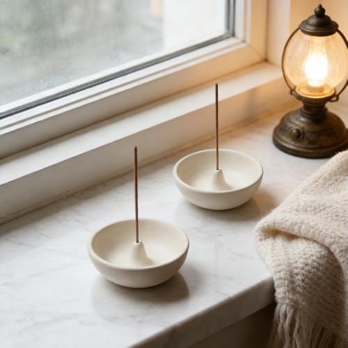 Cream White Ceramic Incense Holder Bowl - 3 Inch Round Incense Burner for Meditation, Home Decor, Ash Catcher with Center Hole for Thin Sticks (Cream White) - Image 5