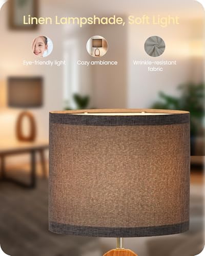 Gray Table Lamp, Small Wood Bedside Lamp with Gray Linen Lampshade & Dark Pearwood Base, Modern Nightstand Lamp for Bedroom, Kid's Room, Cute Desk Lamp with Cable, E26 Socket, LH07TL05 - Image 6