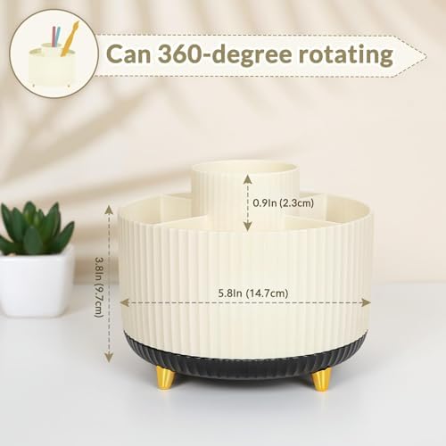 SKYDUE 360 Rotating Organizer, Dual-Purpose Pencil Pen Holder, 5-Slot Rotating Pencil Cup for Office, School, Home (Beige-Black) - Image 2