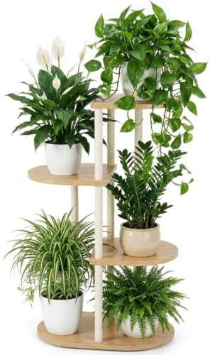 Tiered Plant Stand Indoor, Tall 4 Tier 5 Potted Wooden Plant Shelf for Multiple Flower Plants, Multi Corner Metal Plant Holder Indoor for Patio Garden Patent Design Living Room Balcony Bedroom, White by Unknown