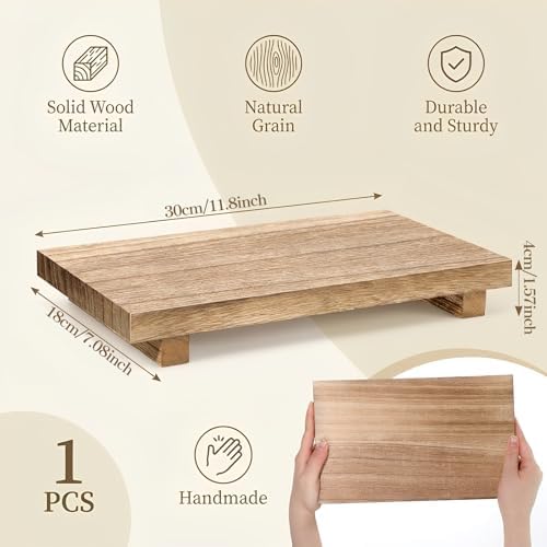 Wood Riser Tray, 12 x 7 Inch Decorative Rustic Bathroom Dishes, No Coating Rustic Farmhouse Wood Tray for Kitchen Counter, Wooden Tray Pedestal Stand, Counter Display Riser, for Plant Bottles Candles - Image 2