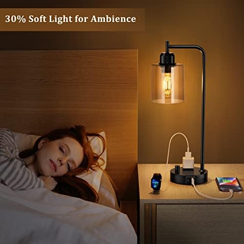 Industrial Bedside Desk Lamps for Bedroom - Grey Smoked Glass Shade Table Lamp with USB C Port, Fully Dimmable Small Lamps with USB Port and Outlet, Reading Nightstand Lamps for Office Living Room - Image 4