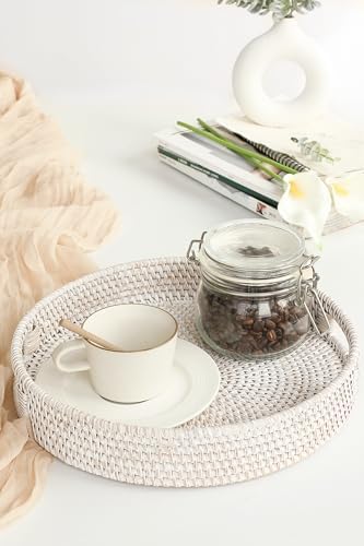 HITOMEN 11.8" Hand-Woven Round Rattan Serving Tray Decorative Wicker Trays with Handles for Coffee Table (Whitewash-M) - Image 4