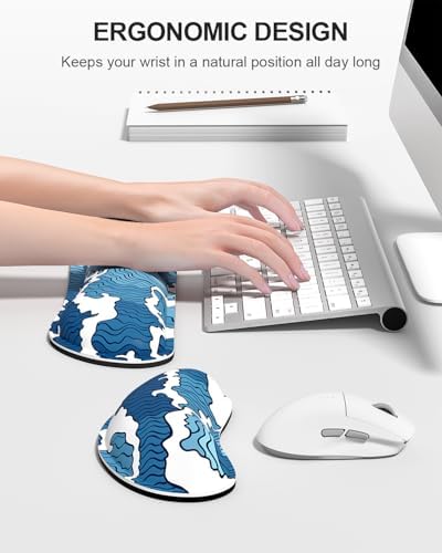 Auhoahsil Large Mouse Pad with Wrist Rests for Keyboard & Mouse, Thick Soft Ergonomic Memory Foam Wrist Supports, Big & Long Desk Mat 35.5 x 15.7 in, for Office Gaming Computer, Blue Wave - Image 3