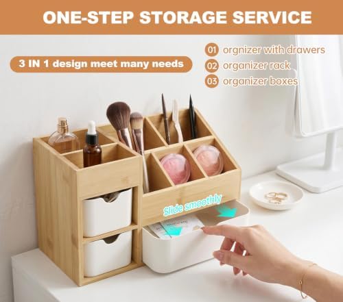 Bamboo Desktop Organizer with 3 Drawers, Drawer Tabletop Storage Organization Box for Home/Office, 3-Tier Makeup Vanity Organizer for Dresser Countertop, Detachable Divider - Image 6