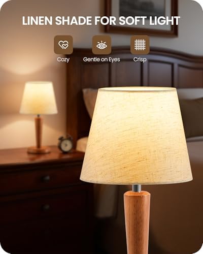 12" Wood Bedside Table Lamps Set of 2, Small Desk Lamps for Small Places, 3 Color Temperatures with Memory, Beige Linen Shade & E26 Bulbs, for Bedroom Living Room Office LE13TLP205 - Image 6