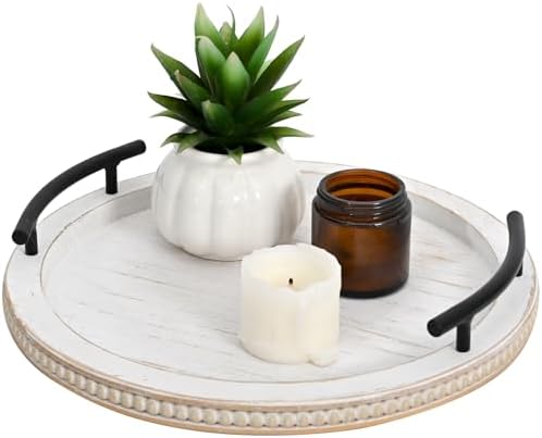 SwallowLiving White Wooden Beaded Serving Tray with Handle Decorative Rustic Whitewashed Tray for Coffee Table Farmhouse Round Tray for Kitchen, Living Room and Bedroom by SwallowLiving