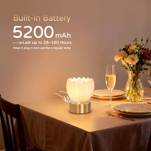 Shenmoyl Cordless Small Table Lamp with 5200mAh Battery & Touch Control, Battery Operated Tulip Table Lamp with 3 Colors, Rechargeable Mini Table Lamps for Bedsides, Bedroom, Nightstand (White) - Image 2