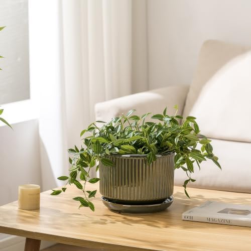 SURE YUESI Ceramic Plant Flower Pots for Indoor Plant, 4.33"+5.5"+6.88", Set of 3, Orchid Pot with Drainage Hole, Saucer and Hole Mesh Pad for Succulents, Herbs and African Violet (Light Green) - Image 5