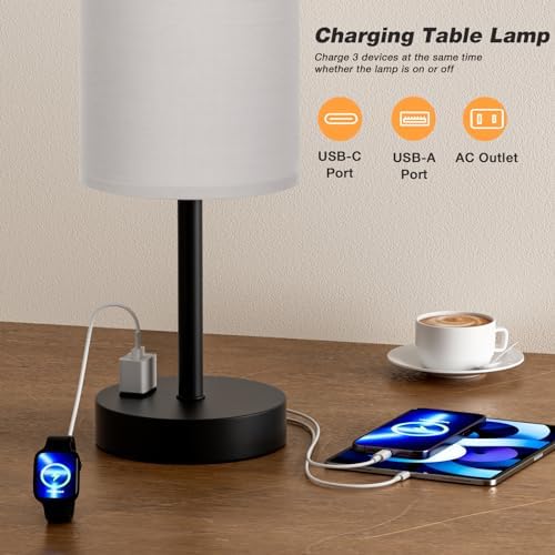 Fenmzee 17.4" Grey Lamp for Bedroom - Dimmable Touch, USB A+C, AC Outlet - Image 4