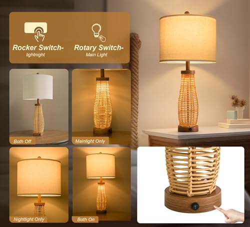 OYEARS 28" Table Lamps Set of 2 with Dual Night Lights, Bedside Lamps for Bedroom, Boho Lamp for Living Room, Rattan Table Lamp with Linen Shade, Farmhouse Lamp with Wood Grain Finish (Bulb Included) - Image 3