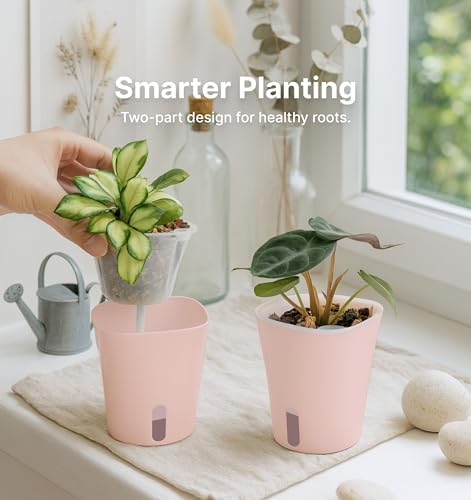 10 Pack 3" Self Watering Pots for Indoor Plants, Clear Inner Cup, Small Pink Plastic Planters, Water Level Indicator, Drainage Holes, Extra 3ft Wick, Cuttings,Seedlings,Herb,African Violet - Image 6