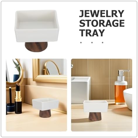 HOMSFOU White Ceramic Jewelry Tray with Wooden Base for Home Storage - Image 3