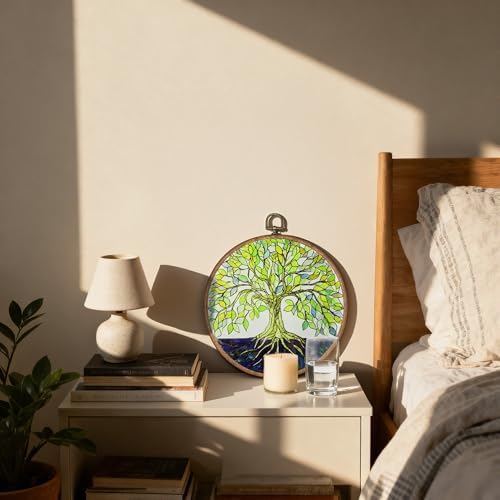 OFJE Tree of Life Wall Art Decor, Green Leaves Tree Nature Landscape Round Wall Hanging Decor, Modern Inspired Framed Canvas Prints for Farmhouse Home Bedroom Living Room Decorations, 10x10 Inch - Image 2