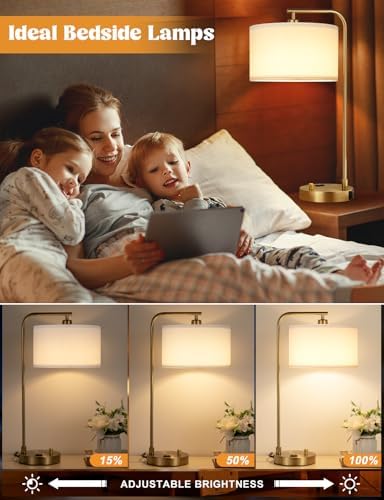 20.7" Gold Table Lamp with USB & Outlet, Fully Dimmable Nightstand Lamp - Image 3