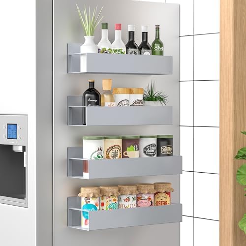 HuggieGems 4 Pack Magnetic Spice Storage Rack Organizer for Refrigerator and Oven, Gray Fridge Organizers and Storage by HuggieGems