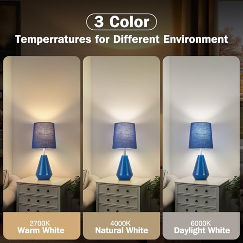 Small Bedside Table Lamp for Bedroom - Reading Desk Lamp with 3 Color Temperatures，15.5" Nightstand Ceramic Lamp with Fabric Shade for Kids Room,Living Room,Dorm,Home Office (Blue) - Image 2