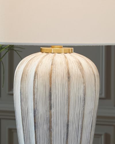 Signature Design by Ashley Lanwell Table Lamp, Tall 32" Antique Gray Fluted Base, Transitional Style Cotton Drum Shade for Living Room and Bedroom Nightstand, 3-Way Switch, 150W Max - Image 5