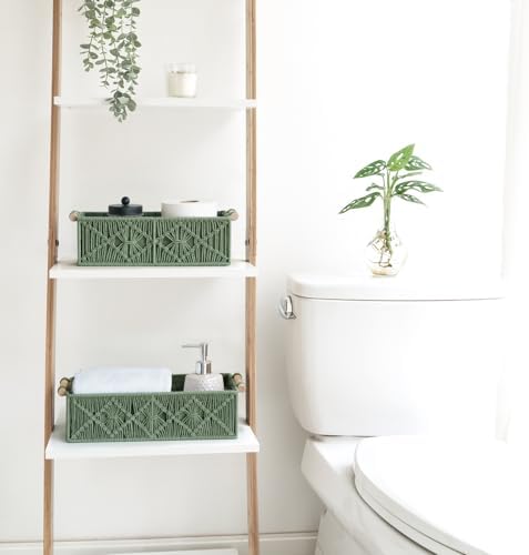 Mkono 2Pc Macrame Storage Basket, Boho Decor Toilet Paper Organizer, Green - Image 2