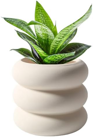 Ceramic Plant Pot Indoor, 6.5 Inch Beige Unglazed Flower Pot with Drainage Hole, Bubble Design Ceramic Planter for Home & Office Decor by SANDYBAYTAS