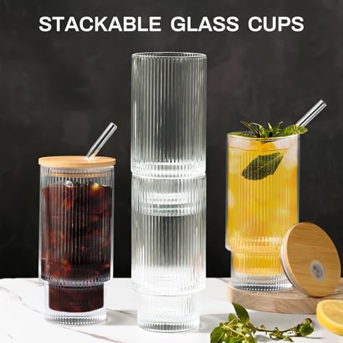 16OZ Ribbed Glass Cups with Lids and Straws,Iced Coffee Cups with Bamboo Lid,Vintage Glassware for Whiskey Cocktail Beer Fruit Juice Glasses Tumbler(2 Pack) - Image 5