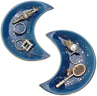 Soddeph Small Moon Ceramic Jewelry Tray, Decorative Trinket Dish, Ring Holder Plate, Modern Accent Tray for Bathroom, Nightstand, Entryway Table, Vanity (2, Blue) by Soddeph