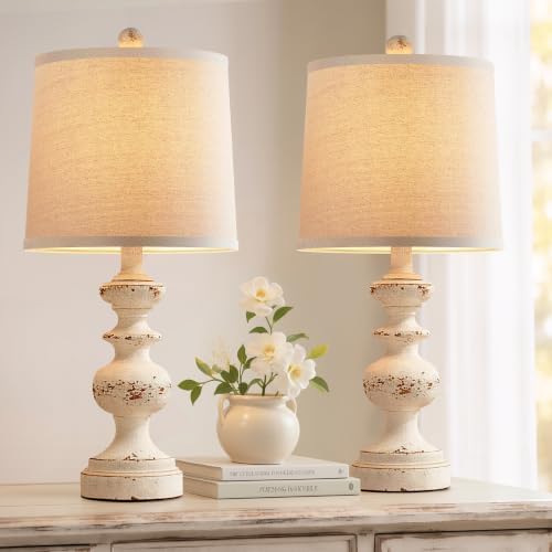 PARTPHONER Farmhouse Table Lamp Set of 2, Rustic Table Lamps for Living Room Bedroom, 22" Mid Century Modern Desk Lamp Bedside Nightstand Lamps with Linen Tapered Drum Shades, Washed White by PARTPHONER