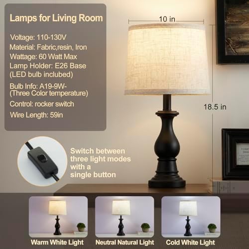 Table Lamps Set of 2, 18.5" Vintage Bedside Lamps for Bedroom Living Room - Image 2