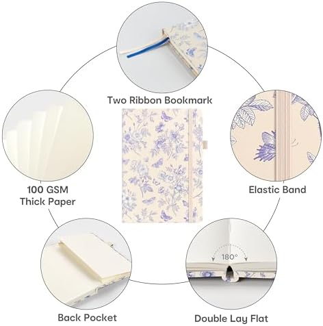 &And Per Se Dotted Journal Notebook, A5 Hardcover Aesthetic Dotted Notebook – 160 Pages 100gsm Thick Dot Grid Paper, 3 Sticker Sheets – Gift-Ready Journaling Kit for Women (Blue Flowers) - Image 3