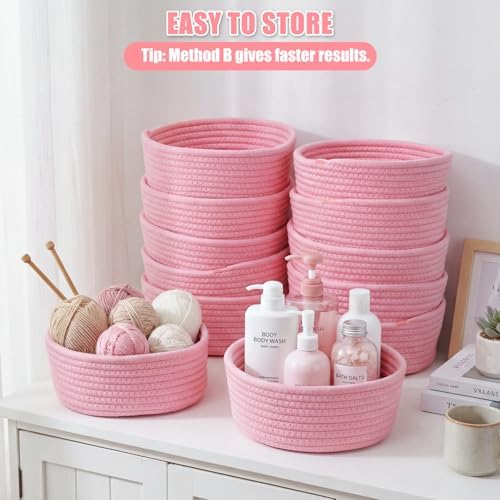 Yinkin 12 Pack Small Storage Basket Cute Natural Cotton Rope Woven Basket Tiny Boho Decorative Toy Storage Bin Gift Baskets for Home Organizing, Closet, Shelf, Nursery, Bathroom(Round,Pink) - Image 3