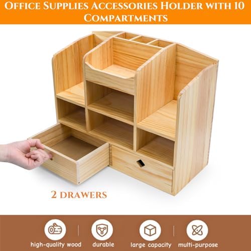 Wooden Desk Organizer with Drawers, 10 Compartments - Image 3