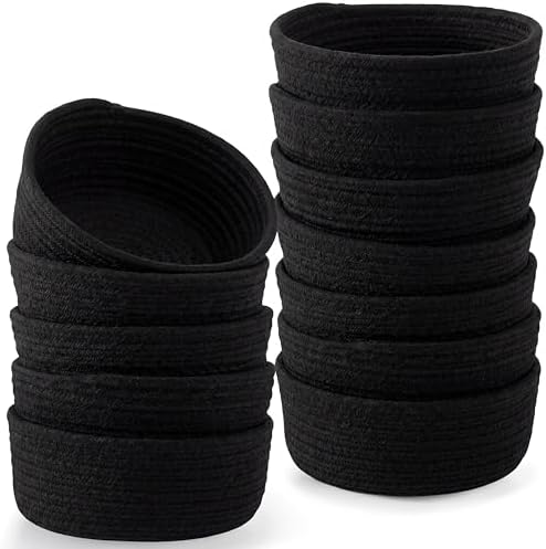Yinkin 12 Pack Small Storage Basket Cute Natural Cotton Rope Woven Basket Tiny Boho Decorative Toy Storage Bin Gift Baskets for Home Organizing, Closet, Shelf, Nursery, Bathroom (Round,Black) by Yinkin