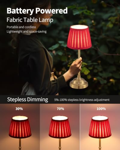 KDG Gold Cordless LED Table Lamps Set of 2, Red Fabric Shade Desk Lamps - Image 4