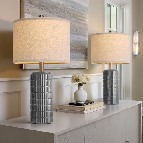 PoKat 23" Ceramic Dark Gray Table Lamps Set of 2 for Living Room, Modern Bedside Lamps for Bedroom, Farmhouse Nightstand Lamp for Home Office Guest Room Sideboard Entryway Decor Gifts - Image 3
