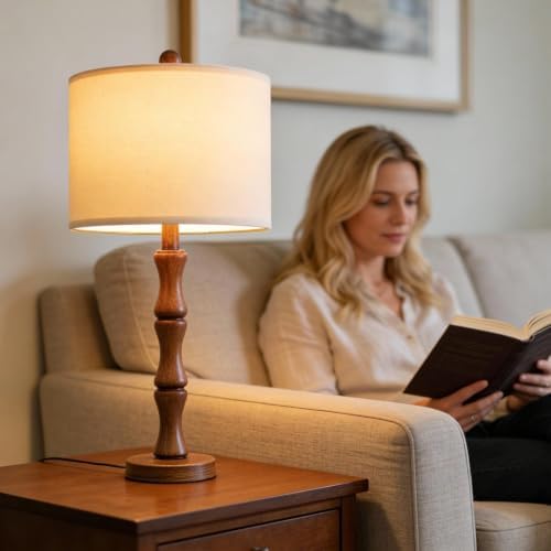 BOBOMOMO 20.5" Rustic Table Lamps Set of 2, Farmhouse Nightstand Lamp with Wood Grain Resin Base & Linen Shade, Small Bedside Lamp for Bedroom, Living Room & Apartment Décor- Ideal for Small Spaces - Image 5